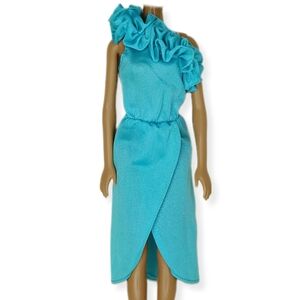 Barbie 1985 Fashion Fun Dress Teal Blue One Shoulder Ruffle Faux Wrap Vtg #2086